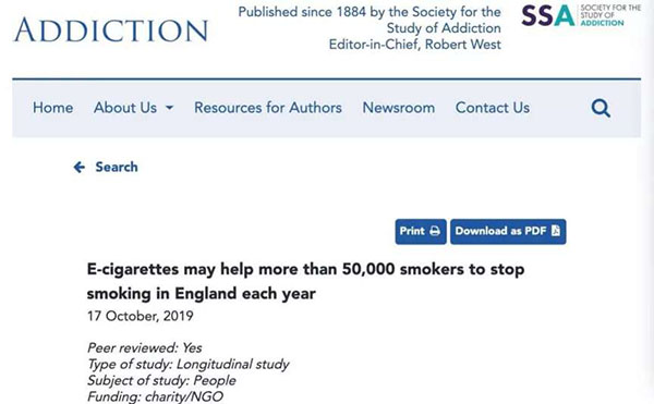 國際權威醫學組織Cochrane：電子煙具有戒煙作用，且效果優于其他療法
